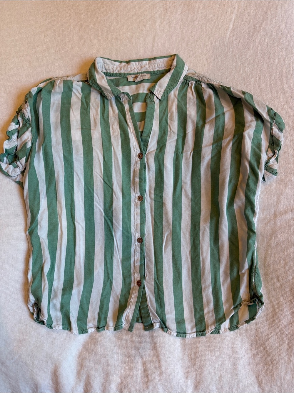 beachlunchlounge Green & White Vertical Stripe Button-Front Blouse